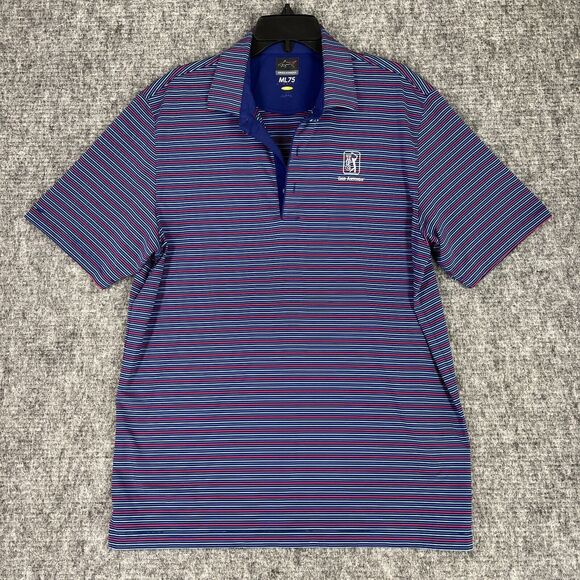 Greg Norman Mens L Blue Short Sleeve Striped ML75 TPC San Antonio Golf Resort - Picture 1 of 7